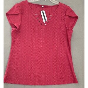 Saukole Shirt Womens Large Pink V Neck‎ Blouse Petal Sleeve Casual Country